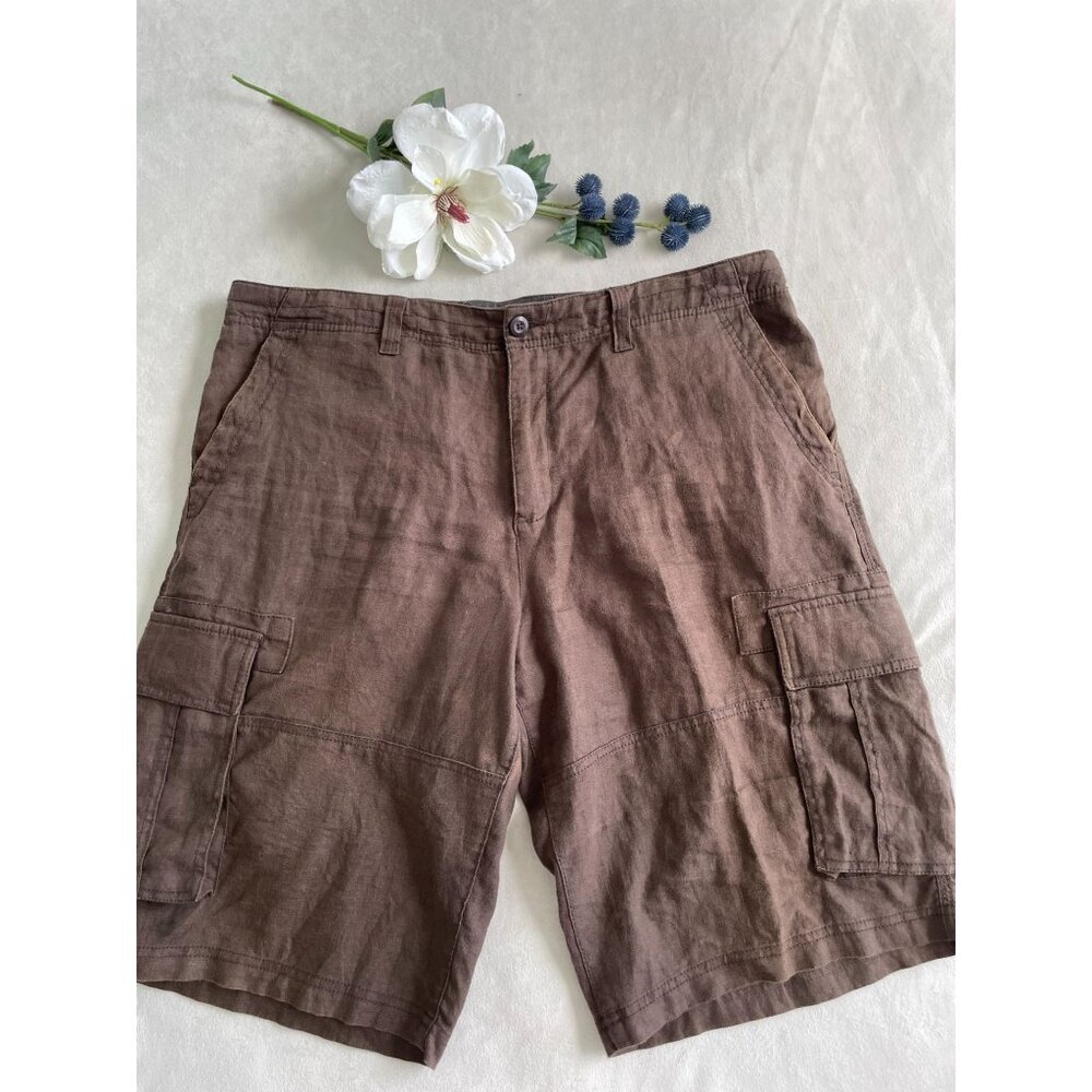 Old Navy Brown 100% Linen Mens Cargo Pocket Shorts Comfortable Casual Preppy 36